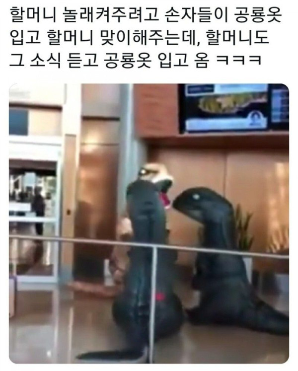 공룡옷 입고 할머니 만나러간 손자들